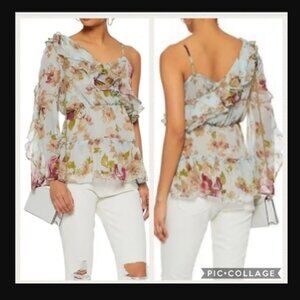 Sheer Floral Ruffle Top Asymmetric Babydoll Romantic Fairy Boho Coquette XS